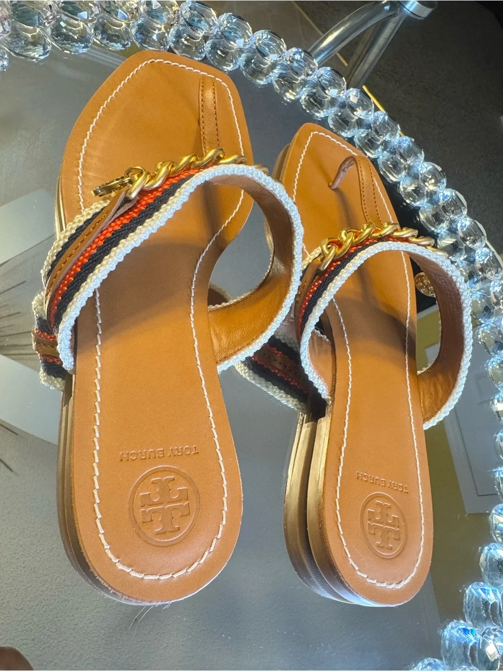 Tory Burch Mini Benton Chain Band Sandal Calf Leather / Webbing. Size 8